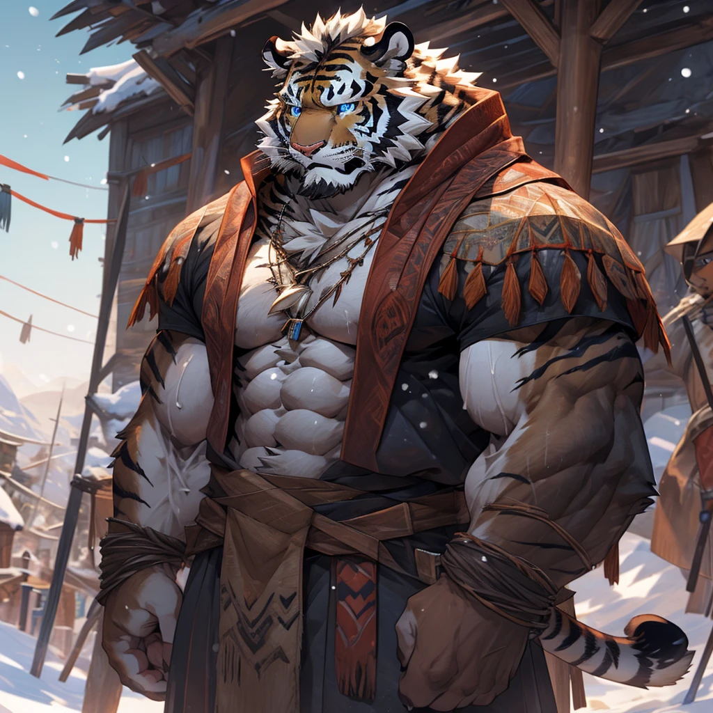 sweaty muscular snowy swan feathers heavy snow winter village furry anthropomorphic chest hair serious face（Scars on the face） Mature （blue eyes）Huge muscle ripped abs wild，Tribal Ambition Tiger Tribal Tiger in plain clothing