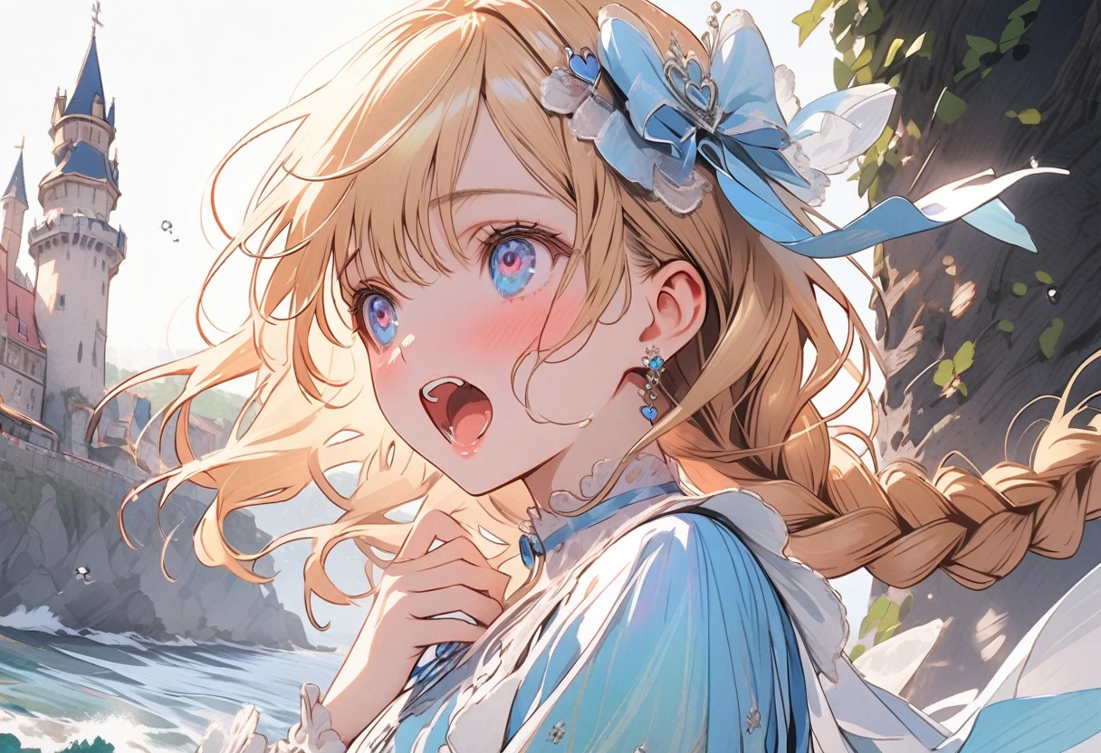 1female\(princes,cute,kawaii,age of 20,long braid hair,blonde,eye color ocean blue,big eyes,dynamic pose,open mouth loud,lost her voice,wearing beautiful heart neck dress,suffer,scared,confused,(hold her throat),looking away,looking up\), BREAK ,background\(castle,seashore\), BREAK ,quality\(8k,wallpaper of extremely detailed CG unit, ​masterpiece,hight resolution,top-quality,top-quality real texture skin,hyper realisitic,increase the resolution,RAW photos,best qualtiy,highly detailed,the wallpaper,cinematic lighting,ray trace,golden ratio\),,close up throat,[nsfw]