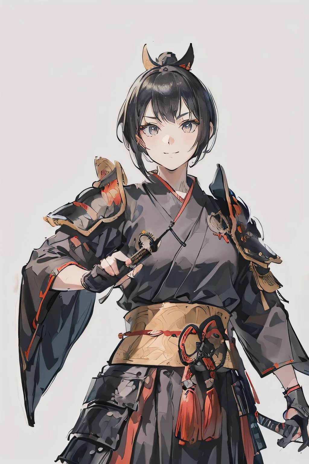 Samuraigirls, a gray haired , wearing a black samurai armor, short hair, fasion hair, ninja armor, slim body, black shirt ornament, hakama, tall 187cm, 21yearold, samurai, katana, female, beautiful, smile, vilian