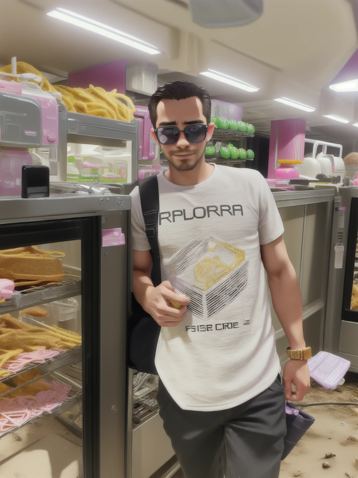 RAW Photo, BarbieCore, a photo of a man RG0sl1ng wearing a (pink and white:1) (pastel:1) cowboy outfit on a ranch standing in front of a (barbie:1) fence wearing a cowboy hat, (shiny plastic:1),(toy model)
