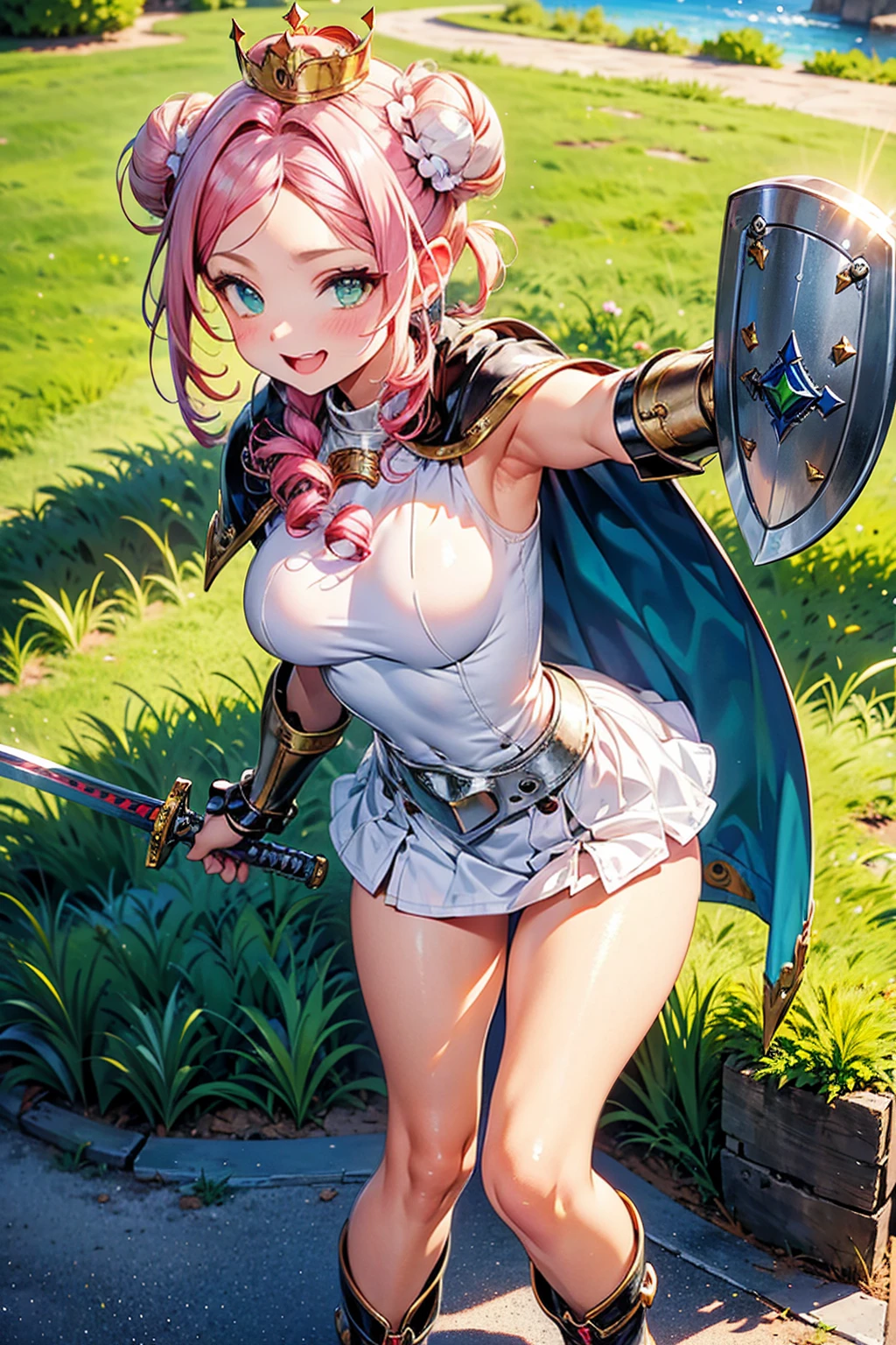 1 girl, high quality, (short hair), pink hair, forehead, blue eyes, (medium breast), (straps on thighs:1.3), blue sky, nature, (stocking), (cameltoe:1.2),(sweaty:1.1), (nipples:0.8), thick thighs, from below, (middle Ages:1.2), armor 