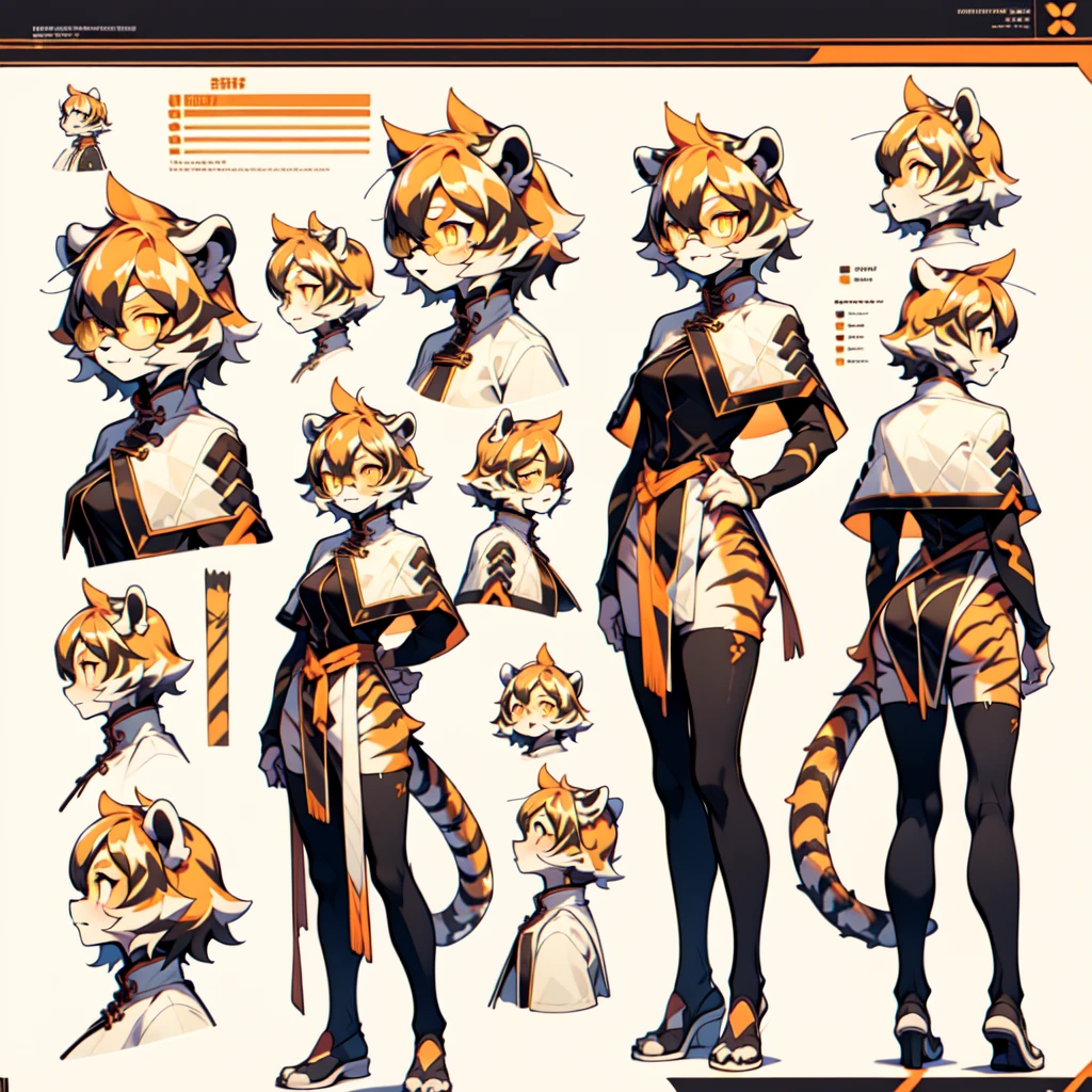 standing, solo, furry female, good fingers, waai_fu_arknights, round glasses, animal ears, short hair, large breasts, muscle, tail, orange eyes, tiger girl, hair between eyes, thin arms, thin legs, tiger_ears, tiger_tail,capelet ，thighhighs ，armwear ，pelvic curtain ，round glasses，fangs, messy hair, black shoes，makeup, constricted pupils, v-shaped eyebrows, clenched teeth, evil smile, （front view, behind view, side view）, reference sheet, character chart, omake, textured skin, 1080P, best quality, high details, highres