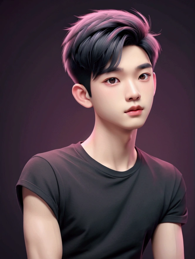 best quality, 1boy, asian boy, solo, cartoon portrait, simple background, short hair, pink lips, black hair, black t-shirt,