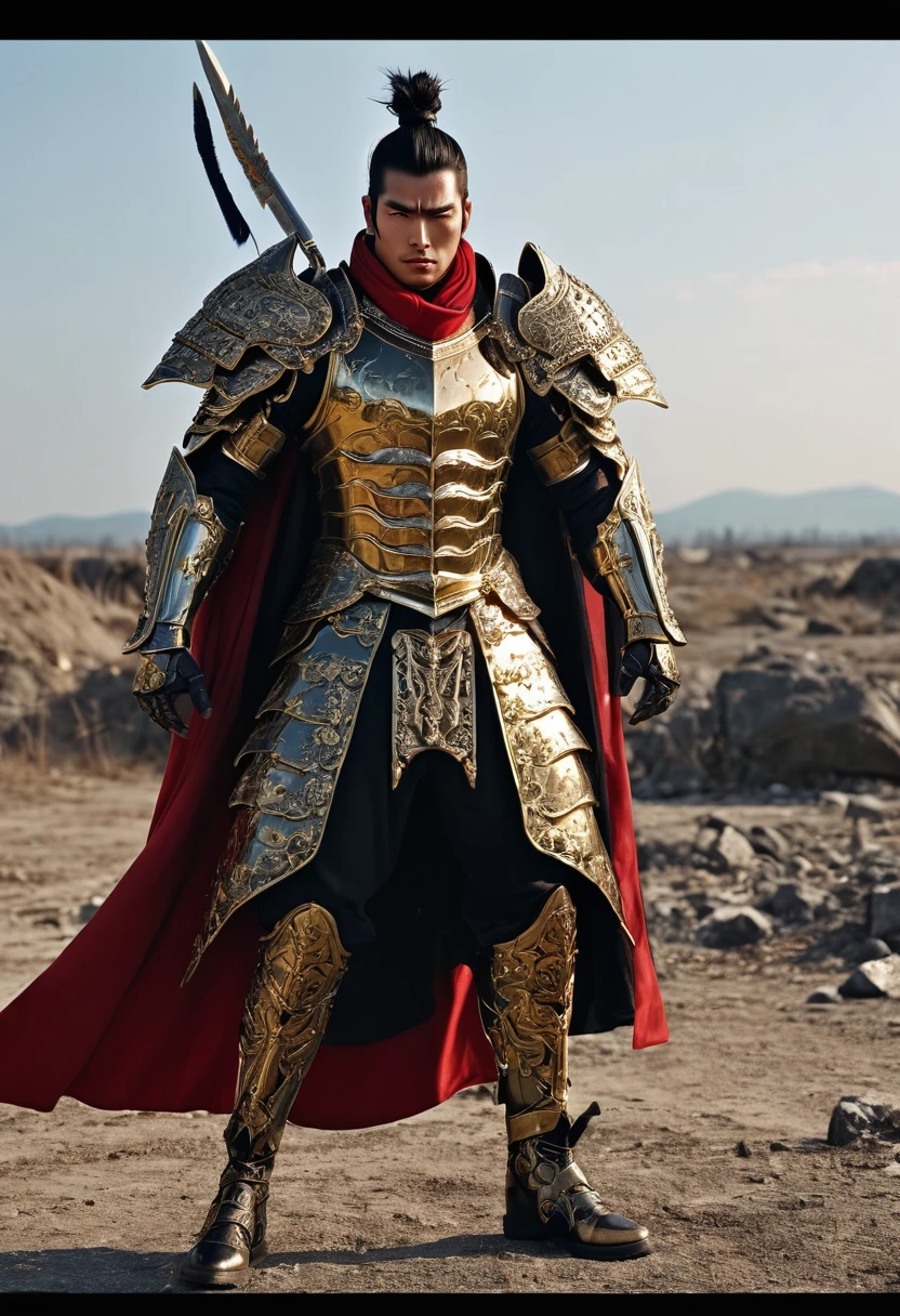 Raoul il Re di Hokuto dressed in his traditional attire, detailed facial features, expressive eyes and lips, strong and regal expression, long dark hair with a distinctive topknot, wearing his imposing black armor with gold trim, his signature red cape flowing dramatically, large shoulder pads, and high boots, dynamic action pose, standing proudly in a desolate wasteland, leaping or preparing for a powerful attack, intense atmosphere, comic book style, cell shading effect, vibrant colors, contrasting black, gold, and red tones, dramatic lighting (best quality, highres), emphasis on shadows and highlights, crisp details and textures, HD rendering, perfectly rendered muscles and armor, meticulously drawn facial expressions, particular attention to his piercing eyes and the intricate details of his armor, conveying his dominance and fearsome presence.