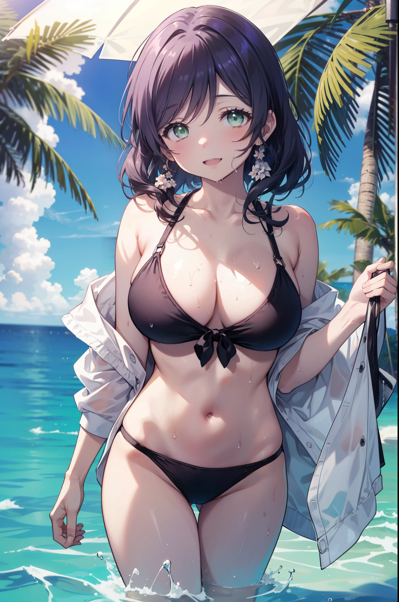 nozomitoujou, Nozomi-san always, (Green Eyes:1.5), Purple Hair, Long Hair, (Large Breasts:1.2),smile,Open your mouth,Purple bikini swimsuit,barefoot,Water Play,Wet Skin,Wet Hair,Wet swimsuit,True Summer,Palm tree,透明なOcean,Daytime,Clear skies,whole bodyがイラストに入るように,
break looking at viewer,whole body (Cowboy Shot:1. 5)
break indoors,Ocean, Beach,Sandy Beach,
break (masterpiece:1.2), Highest quality, High resolution, unity 8k wallpaper, (figure:0.8), (Beautiful attention to detail:1.6), Highly detailed face, Perfect lighting, Highly detailed CG, (Perfect hands, Perfect Anatomy),