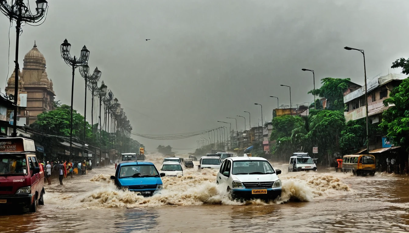 whoa, dramatic image depicts a chaos scenario. Waves of floods cause flooding and destruction on a street in Mumbai, India. It rains a lot in the region.It is possible to see bad weather with gusts of wind and destruction. The scenario is one of chaos.