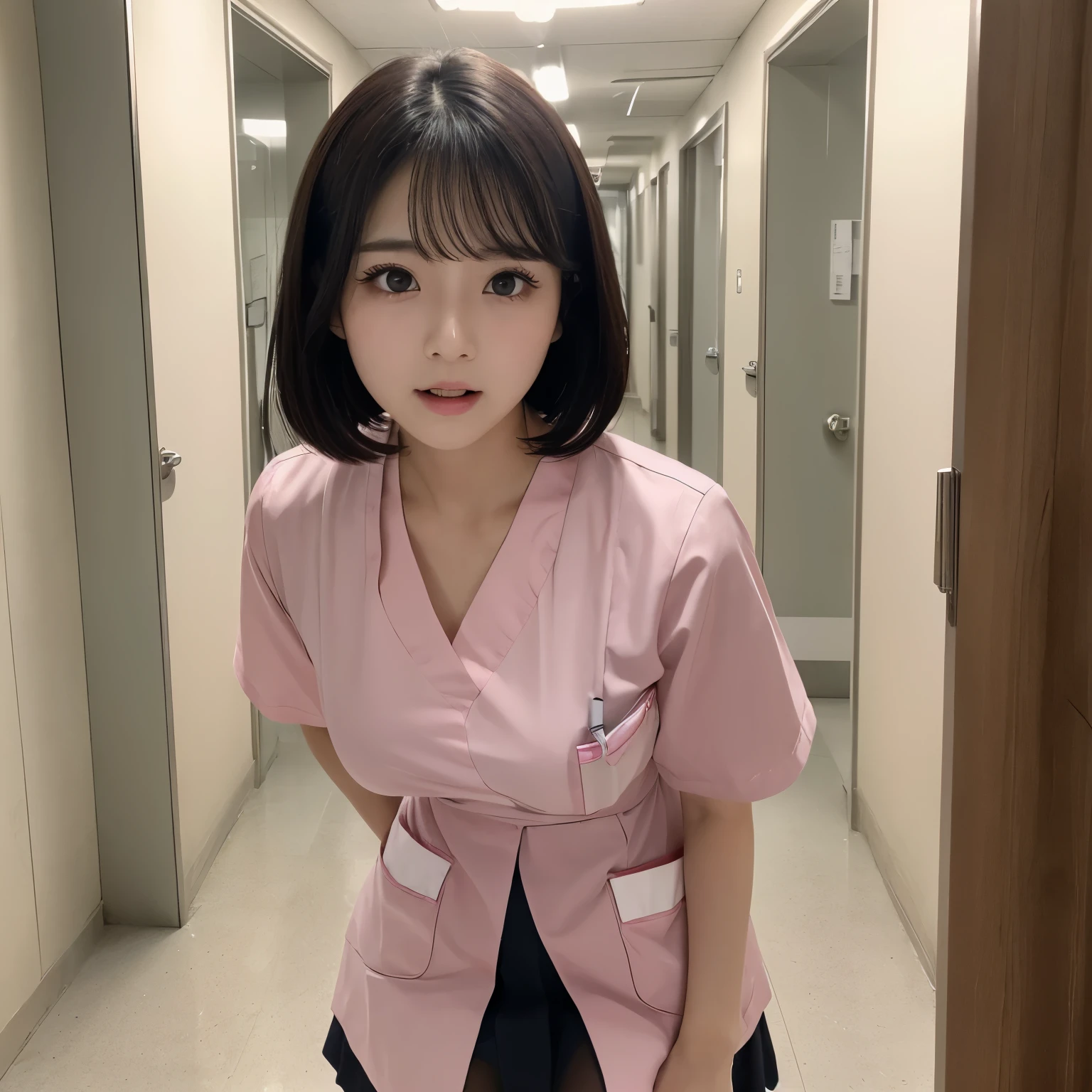 (1 girl)、(Beautiful Japanese、18-year-old,Round face、refresh、clear、Seems kind、stylish、Pathetic、cute like an angel、cute、Iris、,actress,Almond-shaped eyes), Good style , (Beautiful big boobs:1.0),(Soft Breasts),(very cute),(Black Hair),(Short Bob Hair),(Captivating eyes),(Eye highlights:1.2)、(8k、Live Shooting、Highest quality、masterpiece:1.2、Optimal Lighting)、((masterpiece)),(Photos taken by a professional photographer),(Genuine、photo Genuine:1.4),break,{ (Pink Nurse Costume),(((Traditional Nurse Uniform))),(Pink nurse mini skirt),(( pantyhose)),(Cleavage:0.7)},(Crying Jaw:1.3),(Red cheeks:1.2), break, break,hospital,Face shot:1.3、hospital corridor、View your viewers, Face close-up,From below