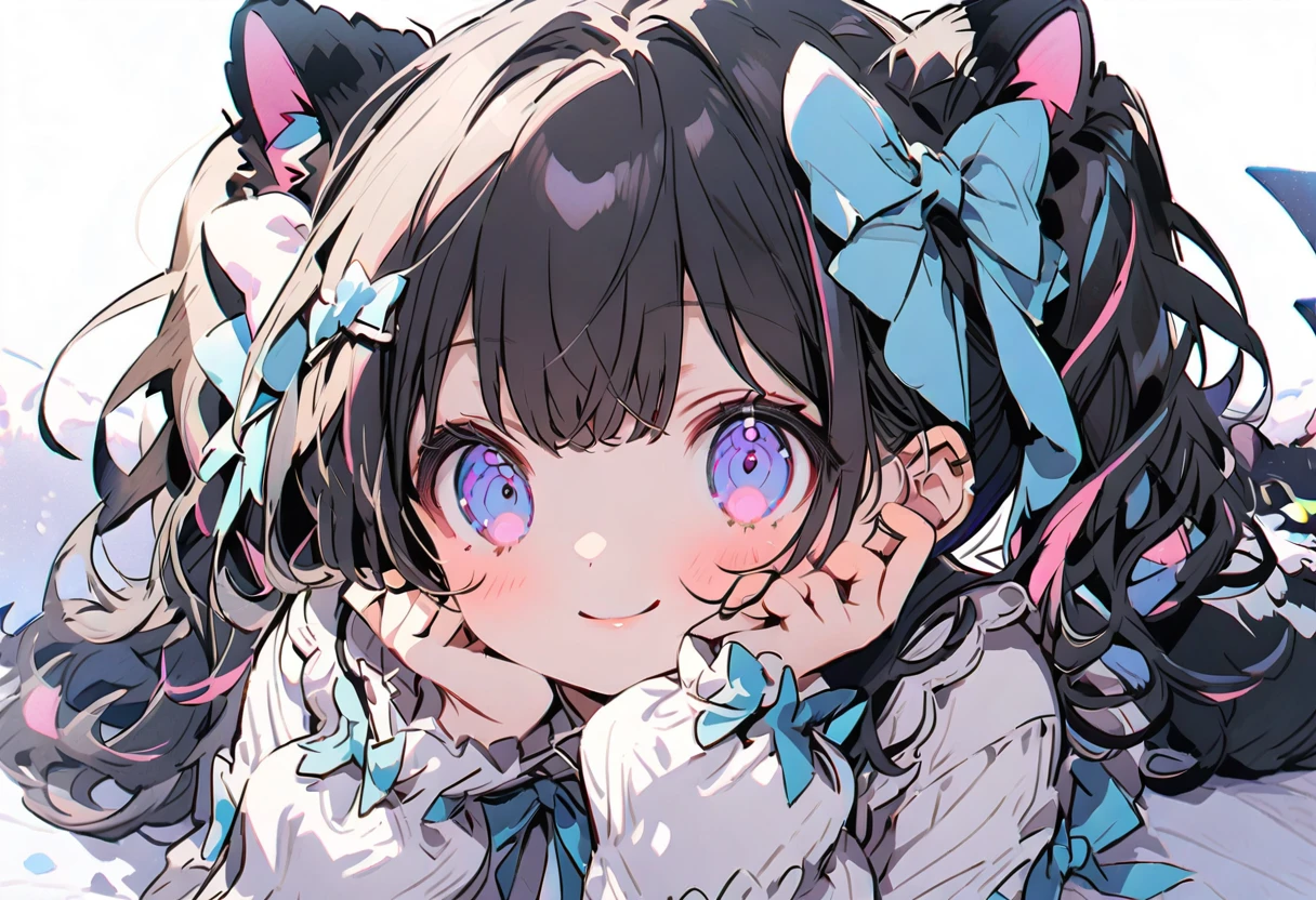 2females\(,cute,kawaii,age of 10s hair,curly hair,hair color cosmic,big eyes,eye color cosmic,cute dress,[cat ear:1.8],smile,cute pose,long shot\) AND 2females\(cat,kitten\) BREAK ,background\(inside,messy room,cute room,many kitten\), BREAK ,quality\(8k,wallpaper of extremely detailed CG unit, ​masterpiece,hight resolution,top-quality,top-quality real texture skin,hyper realisitic,increase the resolution,RAW photos,best qualtiy,highly detailed,the wallpaper,cinematic lighting,ray trace,golden ratio\),(close up cat:2.0),dynamic angle