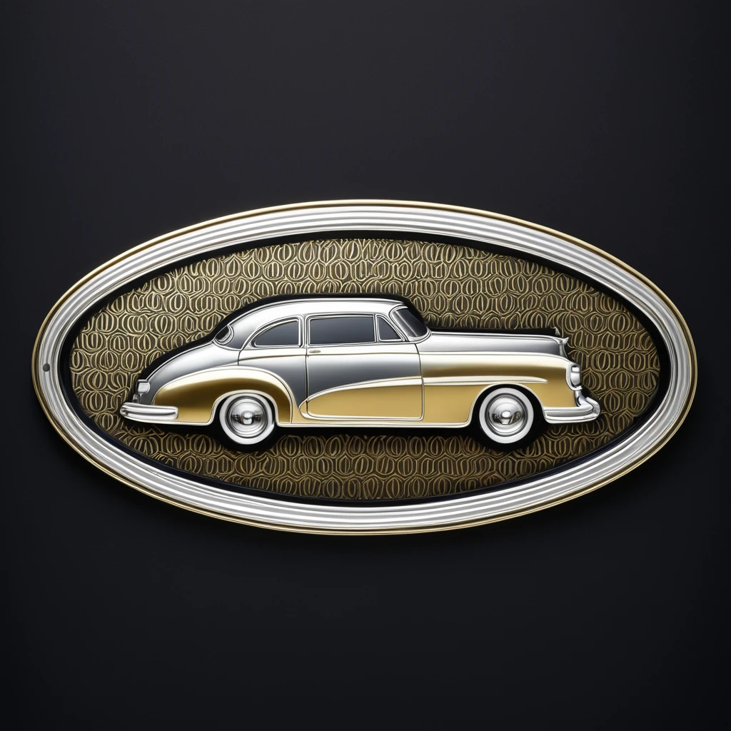 Emblem in the shape of a retro automobile, gold-colored and silver, with an uneven silver front, oval plate, patterned on a black background.