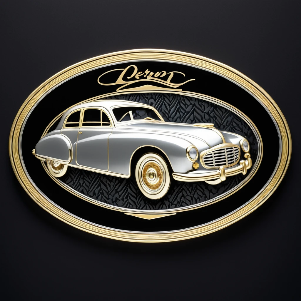 Emblem in the shape of a retro automobile, gold-colored and silver, with an uneven silver front, oval plate, patterned on a black background.
