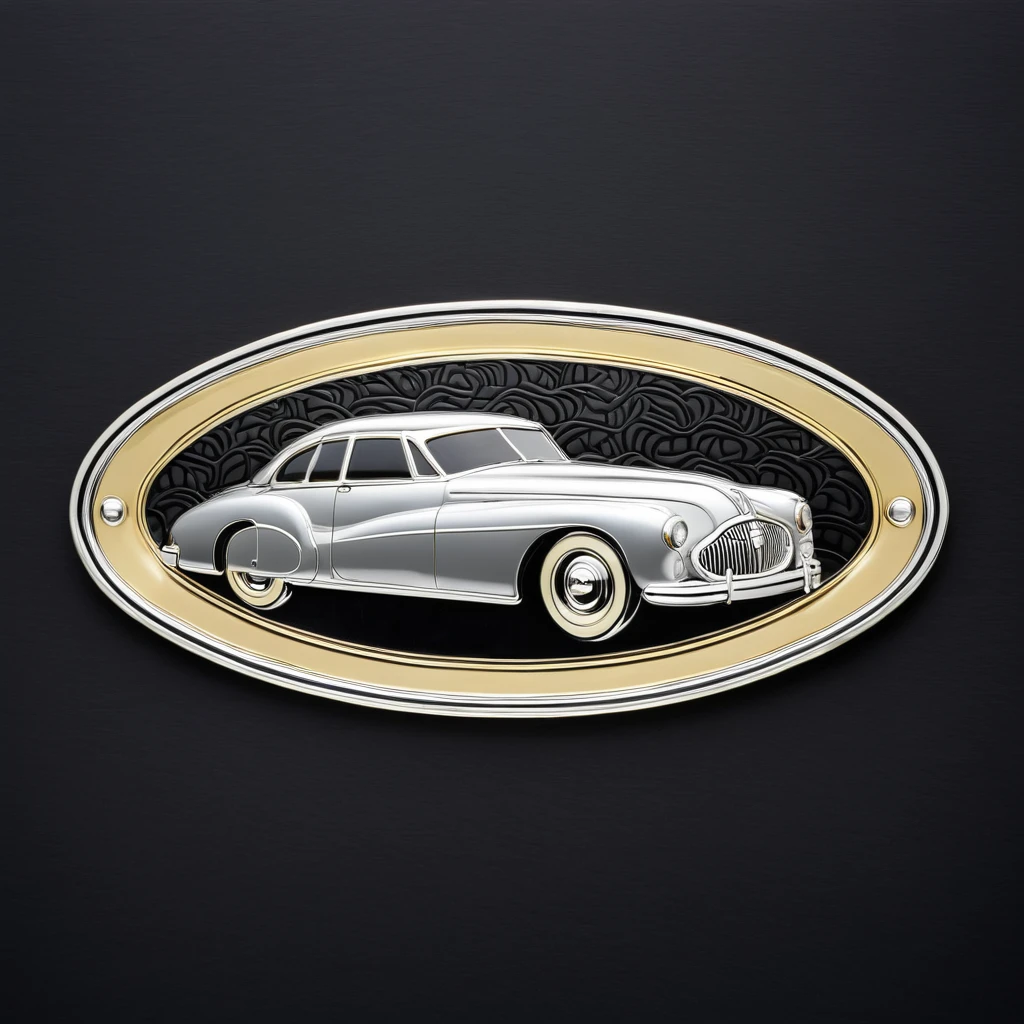 Emblem in the shape of a retro automobile, gold-colored and silver, with an uneven silver front, oval plate, patterned on a black background.