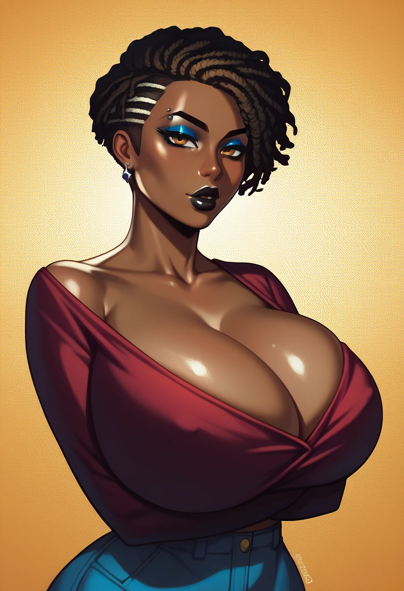 score_9, score_8_up, score_7_up, score_6_up, score_5_up, score_4_up, BREAK 1girl, intricate, (eyeliner:1.2), looking at viewer, detailed background,huge breasts (masterpiece, high quality:1), ishowspeed, african female, freeform short dreads hairstyle faded from the sides, dark skin, dark lips, very short hair.