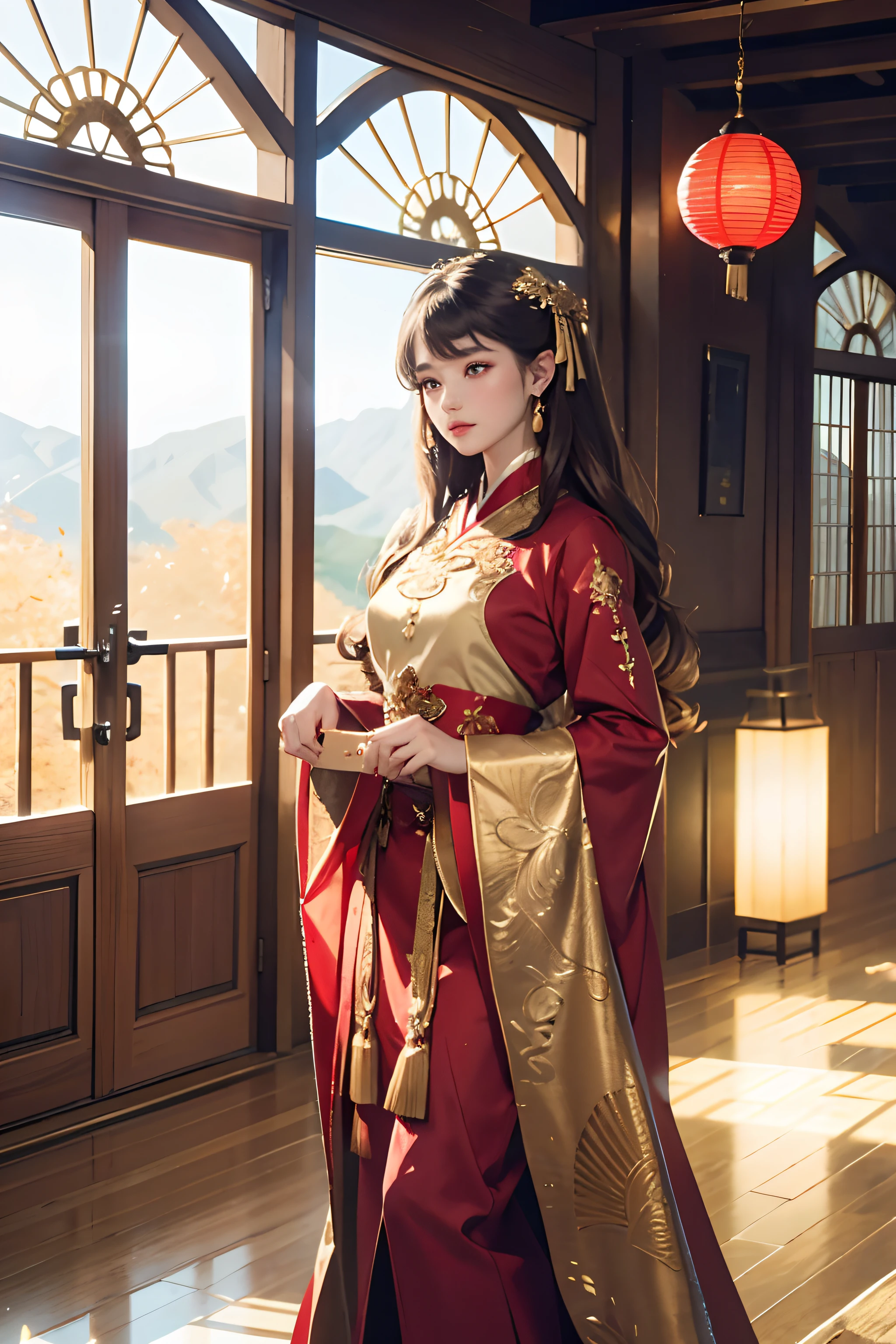 best quality, masterpiece, mackerel, (Exquisite Body:1.5),gorgeous face,(Milky skin:1.3),intricate details,high resolution,wallpaper,
1 woman, alone, dress, headdress, (((gold and red dress))), flowers, long hair, brown hair, closed mouth, bijouterie, long sleeves, hand up, wide sleeves, big eyes,floating hair, chinese clothes, Hanfu, embroidery, long skirt, Natural Pose, falling petals, inside,fanning, candela,
16,000,HDR,mackerel,depth of field,(film grain:1.1),the book,golden hour,(lens flare),illustration,rainbow color,(color grading:1.5)