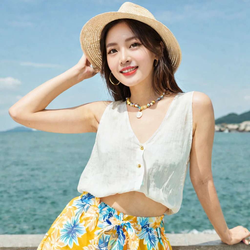 Woman looking at the camera。Wearing fashionable summer clothes。
