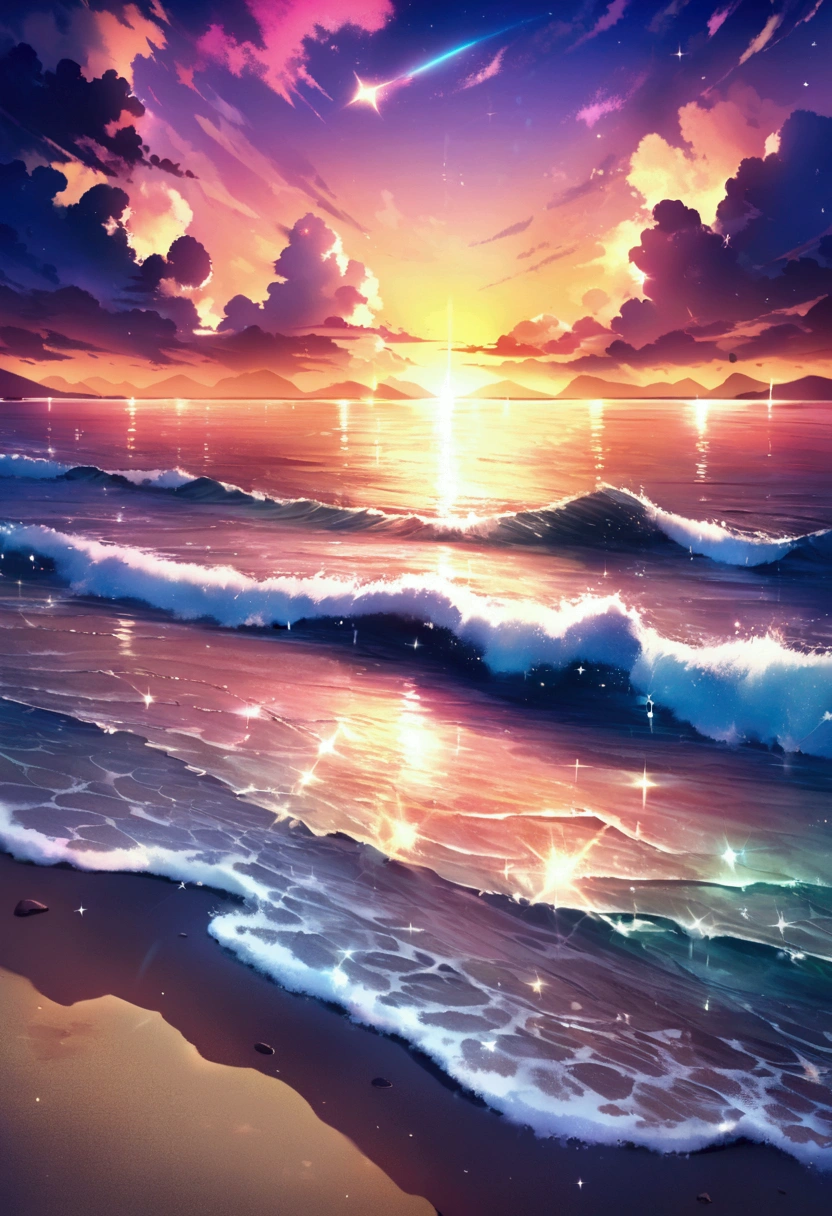 A group of glowing stones sits on the beach by the sea。。, Colorful glow, Magical Beach, Bright glitter colors, Sparkling colors, Sparkling, Rich colors, Colorful HD images, Breathtaking colors, Beautiful sunset, Colorful sunset, Gives water a sparkle, Beautiful Wallpapers, Beautiful and colorful environment, Shining Reflection, Awesome Wallpapers, Colorful light, Clear neon water