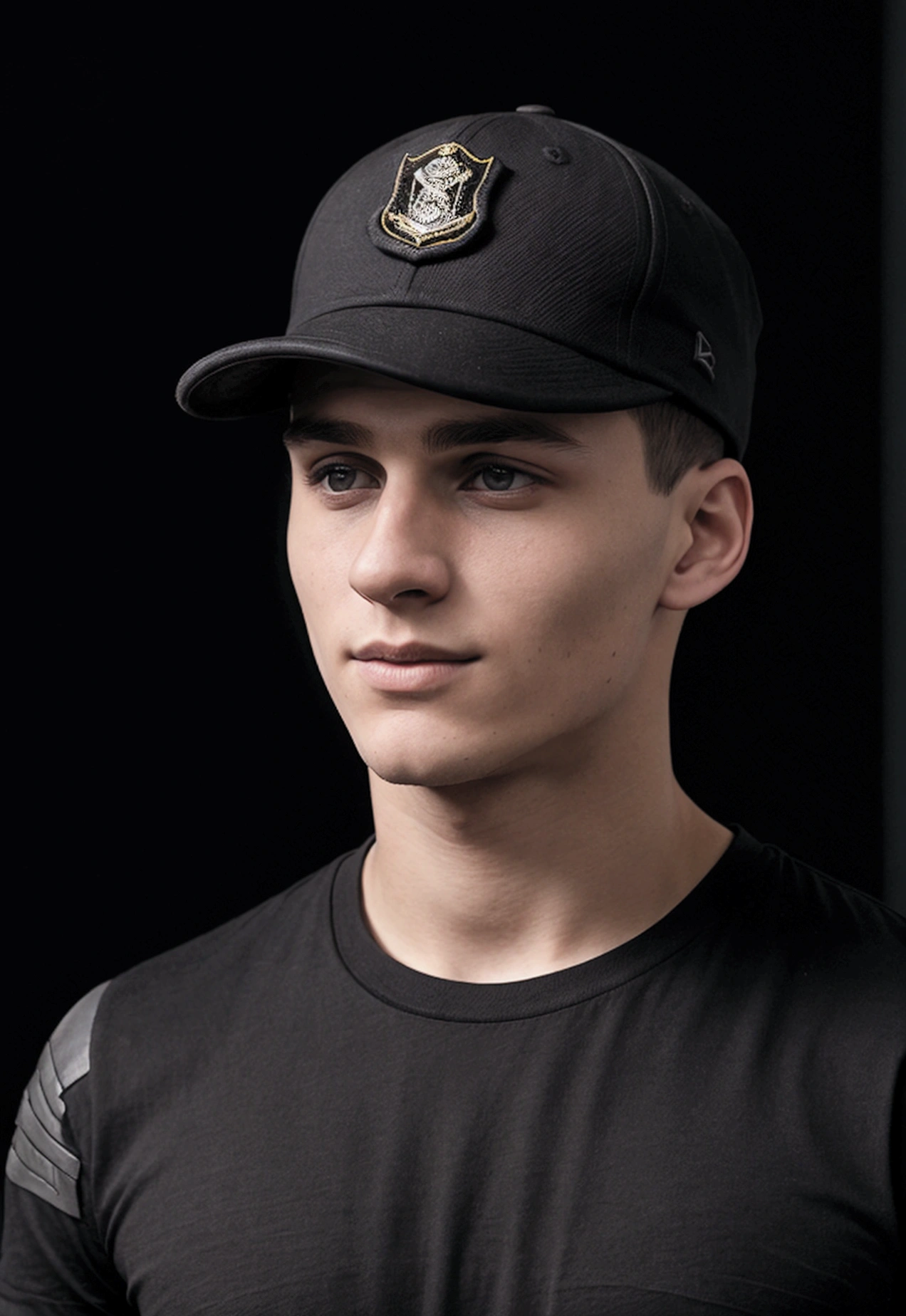 A 22 year old man, wearing a black t-shirt tight to the body, super realistico, cinematic effect, short hair in military haircut style, wearing a curved brim cap with the letter S, background with dark environment, good lighting as if it were a scene from a movie, 8k, ultra realisitic, sharp.