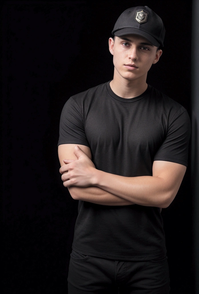 A 22 year old man, wearing a black t-shirt tight to the body, super realistico, cinematic effect, short hair in military haircut style, wearing a curved brim cap with the letter S, background with dark environment, good lighting as if it were a scene from a movie, 8k, ultra realisitic, sharp.