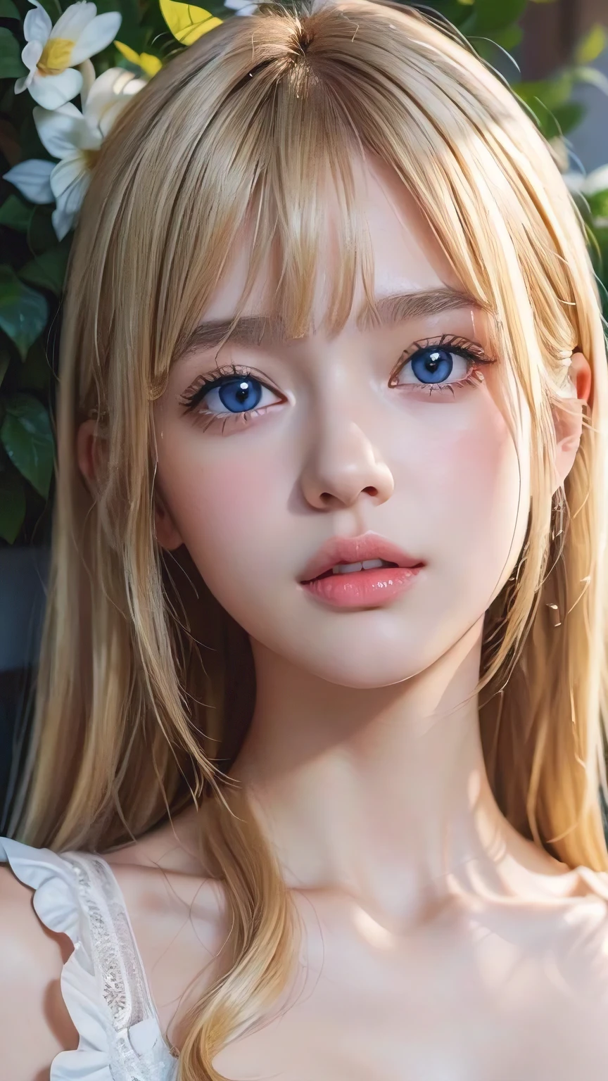 (Close-up:1.4)、(RAW shooting:1.2)、(Photorealistic:1.4)、(masterpiece:1.3)、(Highest quality:1.4)、Bright expression、Very cute beautiful blonde girl、Extraordinary blonde beauty、Cute and beautiful face details、Beautiful blonde bangs、Radiant, fair, glowing skin、Blonde hair on face、Blonde bangs that reach down to the face、Blonde bangs between the eyes、Super long blonde hair、Beautiful platinum blonde, super long, straight, silky hair、Thin blonde hair、Big, bright, light blue eyes that shine beautifully、one piece、eyeliner、double eyelid、Ample Bust、Upper Body、