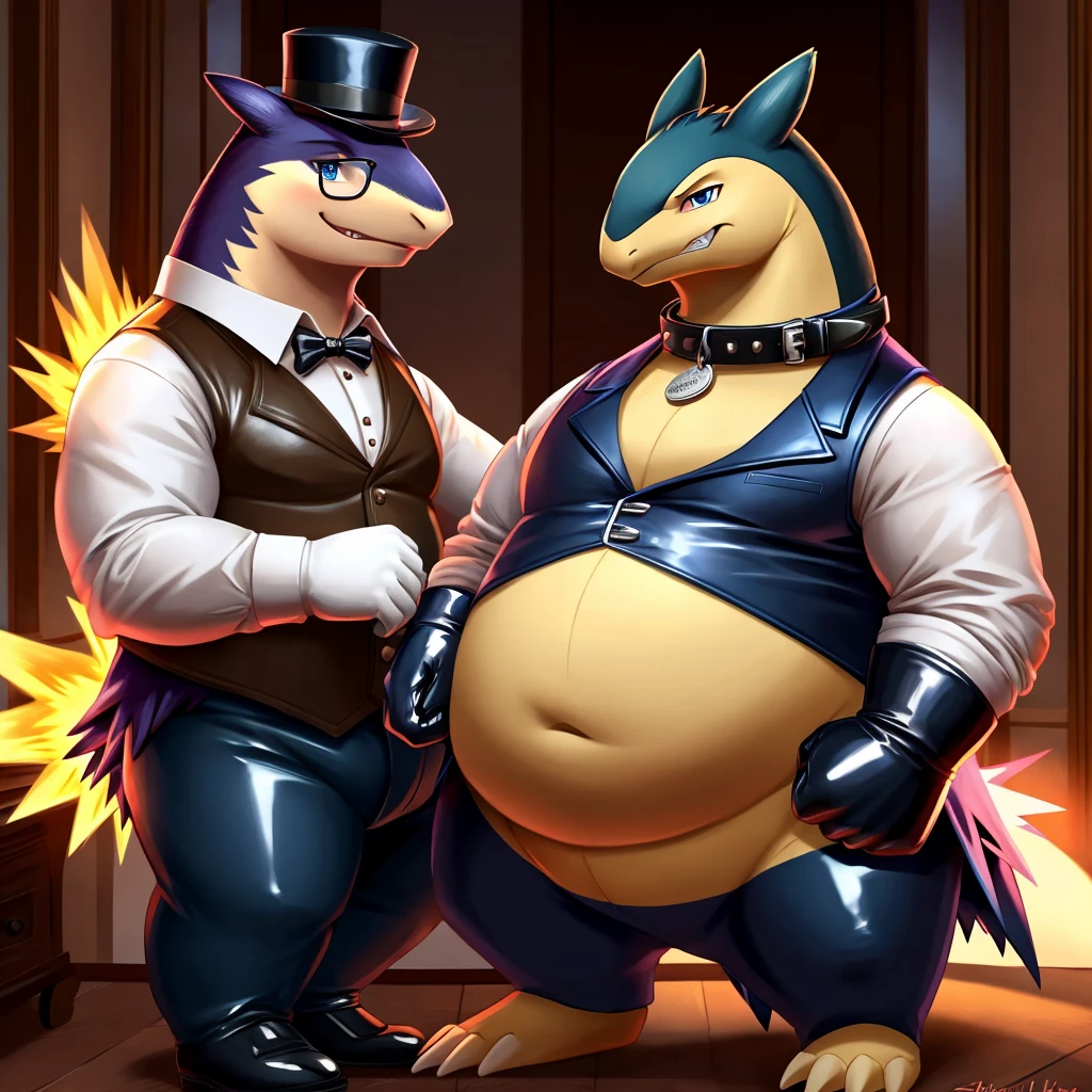 Male, fat, extremely obese, gentleman, dapper Professor Typhlosion, blue eyes, (posing:1.3), (soft shading), 4k, hi res, ((detailed face, detailed)), looking at viewer, mouth wide open, steampunk, dapper clothing, collared shirt with buttons, top hat, male focus, Explorer Outfit, glasses, monocle, vest with buttons, sleeves rolled up, round eyewear, brown headwear, brown vest, office, Typhlosion is wearing a glossy leather dog collar around the neck, Typhlosion is wearing the leather collar and shirt and vest at the same time, Typhlosion is wearing glossy white rubber gloves on the hands, wearing white rubber gloves on the feet, gloves are rubber in texture, clenching teeth, clenching fists, leather collar is glossy and shiny with a lot of detail, Typhlosion is wearing gloves and leather collar at the same time, leather collar has a round dog-tag, leather collar is thick and detailed, leather collar is glossy and shiny, fancy clothing, dapper vest, dapper shirt, leather collar is thick, glossy leather collar, a second male Typhlosion in the same attire helping the fat Typhlosion get dressed.