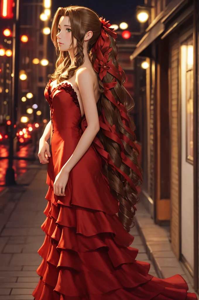 masterpiece, best quality, aerith gainsborough, very long hair, hair ribbons, hair flowers, strapless red dress, looking at viewer, cowboy shot, nighttime, waterfront, neon signs ,