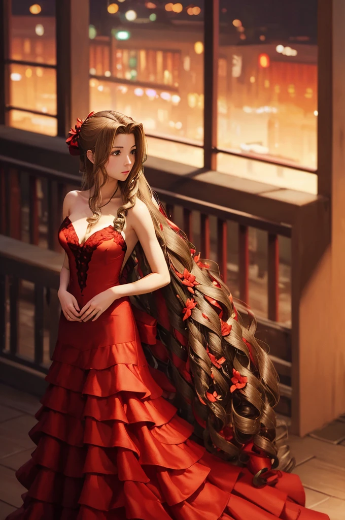 masterpiece, best quality, aerith gainsborough, very long hair, hair ribbons, hair flowers, strapless red dress, looking at viewer, cowboy shot, nighttime, waterfront, neon signs ,