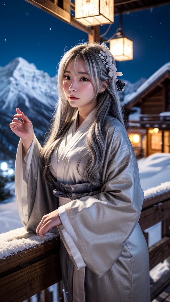 snow女、Gray Hair、White kimono、long hair、snow、In the mountains、Late Night