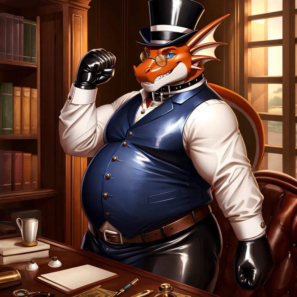 Male, fat, extremely obese, gentleman, dapper Professor Dragon, blue eyes, (posing:1.3), (soft shading), 4k, hi res, ((detailed face, detailed)), looking at viewer, mouth wide open, steampunk, dapper clothing, collared shirt with buttons, top hat, male focus, Explorer Outfit, glasses, monocle, vest with buttons, sleeves rolled up, round eyewear, brown headwear, brown vest, office, Dragon is wearing a glossy leather dog collar around the neck, Dragon is wearing the leather collar and shirt and vest at the same time, Dragon is wearing glossy white rubber gloves on the hands, wearing white rubber gloves on the feet, gloves are rubber in texture, clenching teeth, clenching fists, leather collar is glossy and shiny with a lot of detail, Dragon is wearing gloves and leather collar at the same time, leather collar has a round dog-tag, leather collar is thick and detailed, leather collar is glossy and shiny, fancy clothing, dapper vest, dapper shirt, leather collar is thick, glossy leather collar, a second male Dragon in the same attire helping the fat Dragon get dressed.