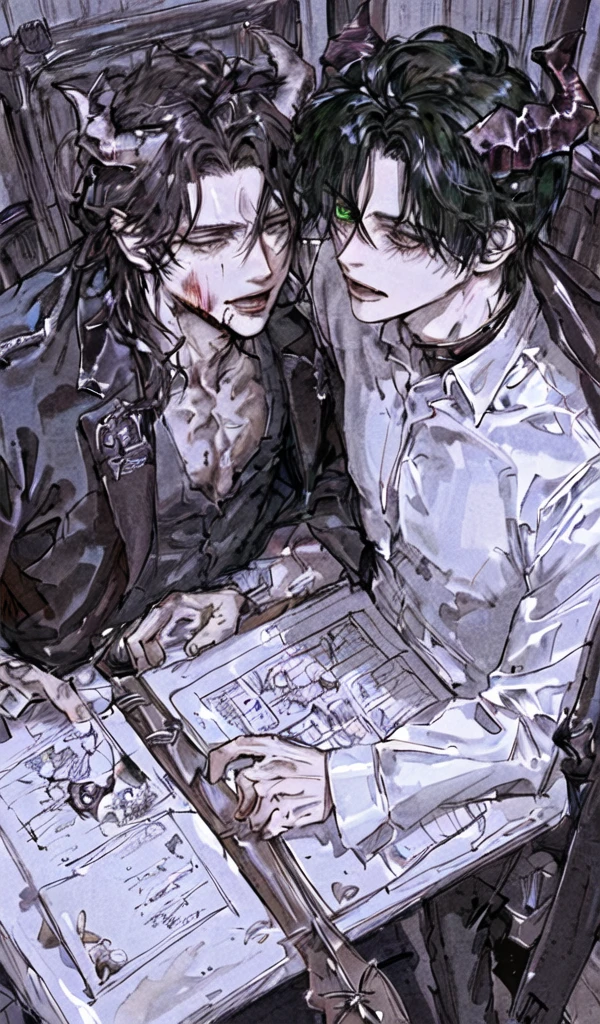1 men,portraite, messy big hair, Bblack hair, green eyes, Beautiful Mouth, Caucasian skin, vampire appearance, demon horns,bloodthirsty dark