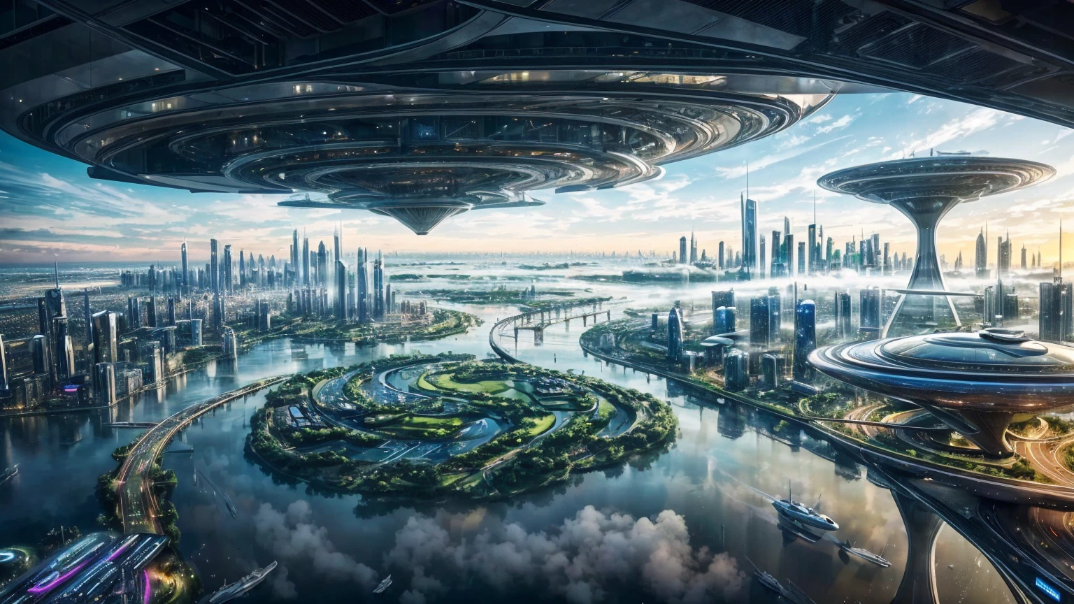 (Best quality,4K,8K,A high resolution,Masterpiece:1.2),Ultra-detailed,(Realistic,Photorealistic,photo-realistic:1.37),Futuristic floating city,Futuristic technology,Huge urban high-tech tablet platform,Airship,Floating in the sky,Futuristic city,Small airships around,High-tech hemispherical platform,Colorful lights,Advanced architecture,modernn architecture,skyscrapper,Access the cloud,Scenic beauty,view over city,Impressive design,Blend seamlessly with nature,energetic and vibrant atmosphere,Futuristic transportation system,Parking is suspended,Transparent path,Lush greenery,Sky gardens,cascading waterfalls,Magnificent skyline,reflections on the water,Sparkling river,Architectural innovation,futuristic skyscrapers,Transparent dome,The shape of the building is unusual,Elevated walkway,Impressive skyline,Glowing lights,Futuristic technology,Minimalist design,Scenic spots,Panoramic view,Cloud Piercing Tower,Vibrant colors,epic sunrise,epic sunset,Dazzling light display,magical ambiance,The future city,Urban Utopia,LuxuryLifestyle,Innovative energy,sustainable development,Smart city technology,Advanced infrastructure,Tranquil atmosphere,Nature and technology live in harmony,Awesome cityscape,Unprecedented urban planning,Architecture connects seamlessly with nature,High-tech metropolis,A cutting-edge engineering marvel,The future of urban living,Visionary architectural concept,Energy-efficient buildings,Harmony with the environment,A city floating above the clouds,Utopian dreams become reality,The possibilities are endless,State-of-the-art transportation network,Green energy integration,Innovative materials,Impressive holographic display,Advanced communication system,Breathtaking aerial view,Quiet and peaceful environment,Modernist aesthetics,Ethereal beauty