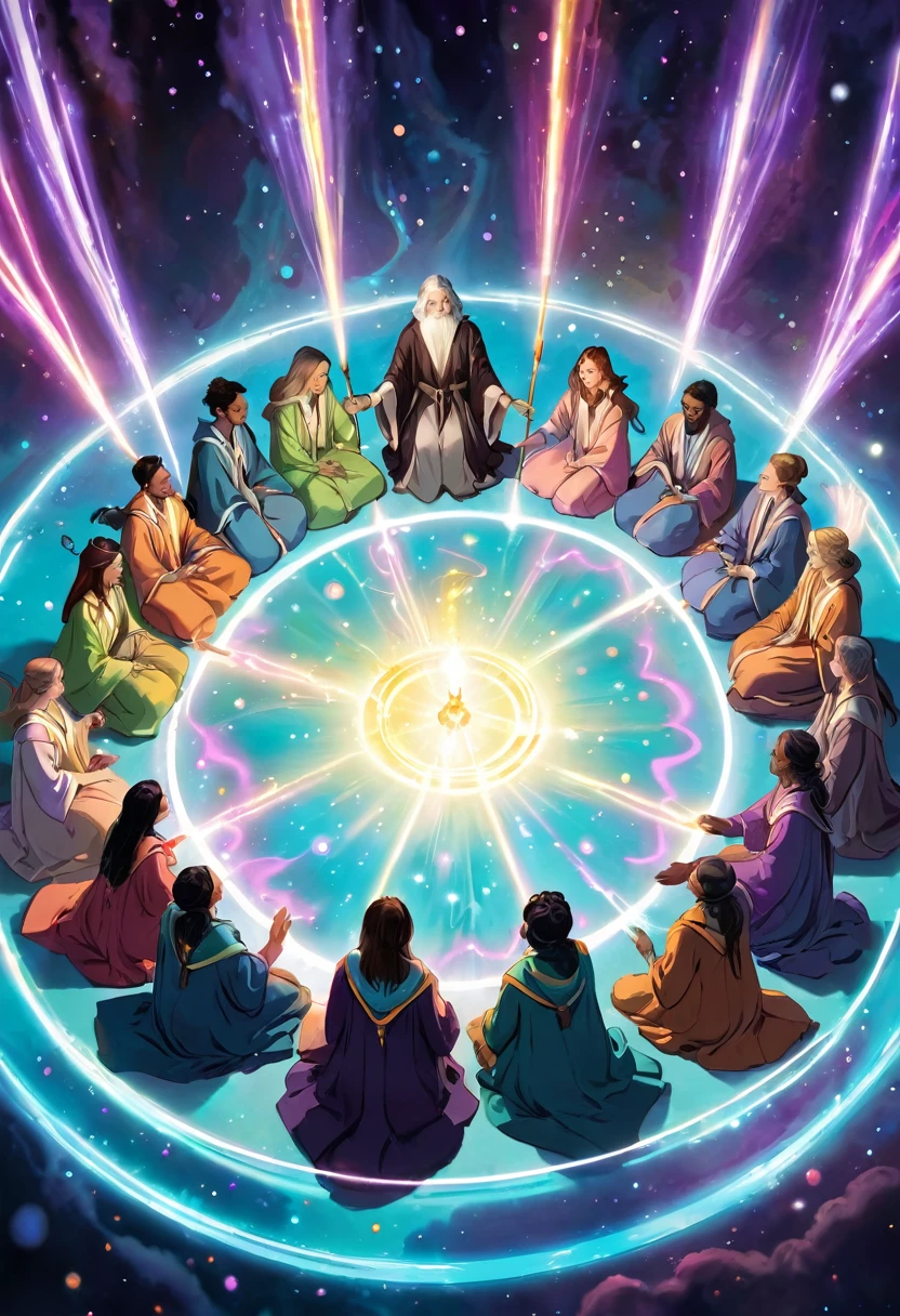 Seven Wizards with magic sticks are forming a circle. There is a woman lying in the middle of the circle. The magicians surround the woman with light and heal her. The wizards are wearing robes and smiling. Fantastic, pastel colored spheres of light are floating in the air.