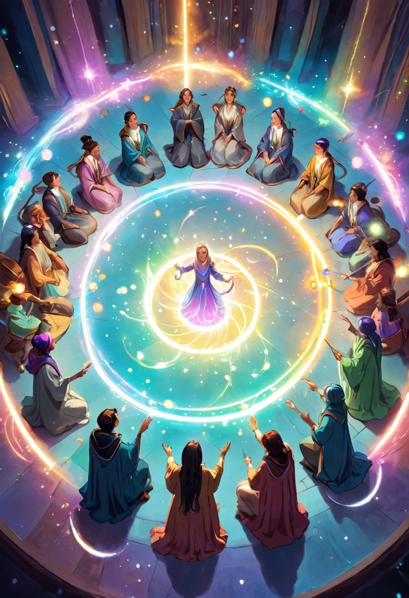 Seven Wizards with magic sticks are forming a circle. There is a woman lying in the middle of the circle. The magicians surround the woman with light and heal her. The wizards are wearing robes and smiling. Fantastic, pastel colored spheres of light are floating in the air.