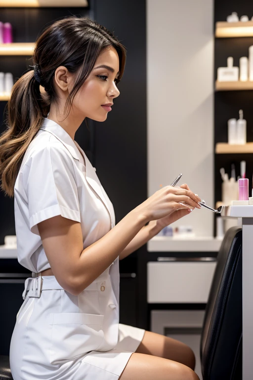 An ultra-realistic image of a skilled manicurist working on nail extensions in a modern, chic nail salon. The manicurist is focused and attentive, applying a nail extension to a client's hand with precision. The salon is well-lit and stylish, with professional equipment and a wide array of nail polishes and tools neatly organized around the workspace. The client’s nails are being transformed beautifully, and the atmosphere exudes professionalism and care. The manicurist is dressed in fashionable yet practical attire, with clean and well-kept appearance. The background includes elements like a comfortable waiting area, stylish decor, and shelves filled with high-quality nail products. The scene conveys a sense of expertise, dedication, and a thriving beauty business.