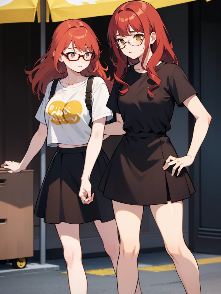1 girl, Red hair, medium length hair, curly hair, freckles, mad face, circle glasses, yellow glasses, brown eyes, body shape, short skirt, cropped t-shirt, belly showing, black skirt, blue shirt