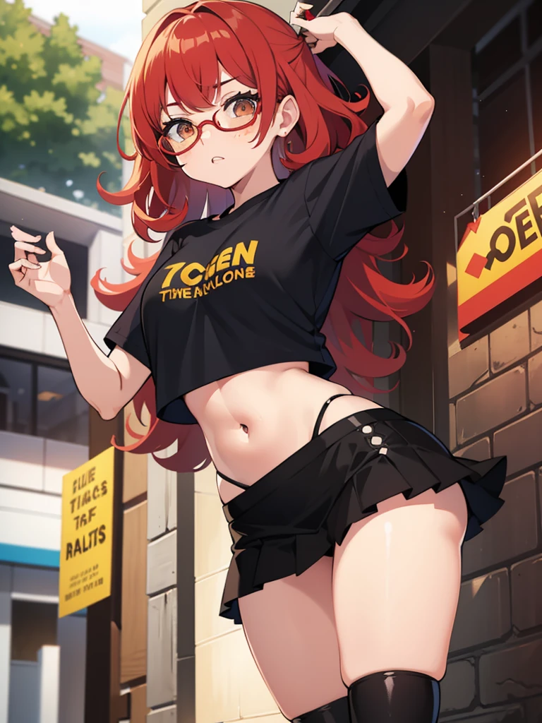 1 girl, Red hair, medium length hair, curly hair, freckles, mad face, circle glasses, yellow glasses, brown eyes, body shape, short skirt, cropped t-shirt, belly showing, black skirt, blue shirt