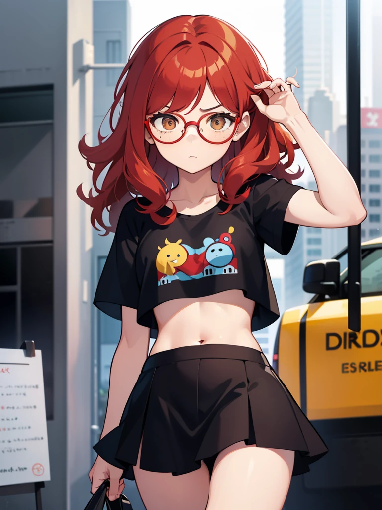 1 girl, Red hair, medium length hair, curly hair, freckles, mad face, circle glasses, yellow glasses, brown eyes, body shape, short skirt, cropped t-shirt, belly showing, black skirt, blue shirt