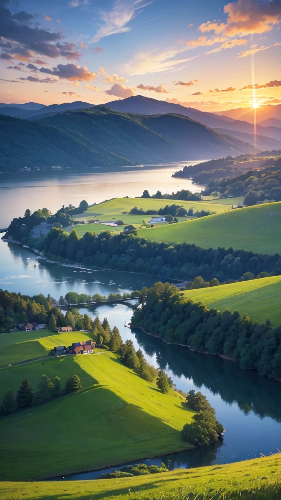 A beautiful blue sky, dramatic sunset, glowing clouds, detailed landscape, rolling hills, lush greenery, serene lake, reflection, dramatic lighting, painterly style, vibrant colors, photorealistic, 8k, high quality, masterpiece