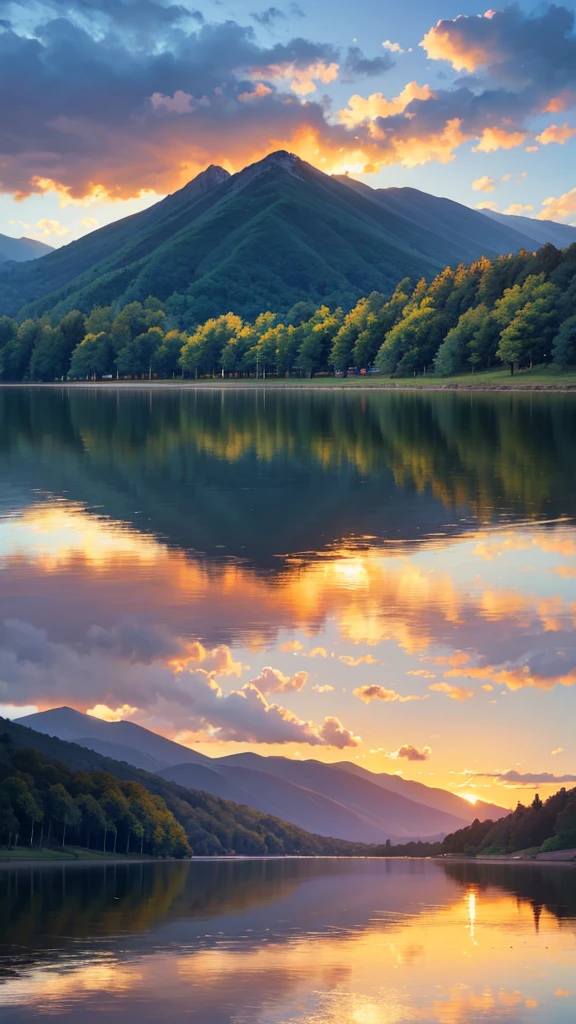 A beautiful blue sky, dramatic sunset, glowing clouds, detailed landscape, rolling hills, lush greenery, serene lake, reflection, dramatic lighting, painterly style, vibrant colors, photorealistic, 8k, high quality, masterpiece