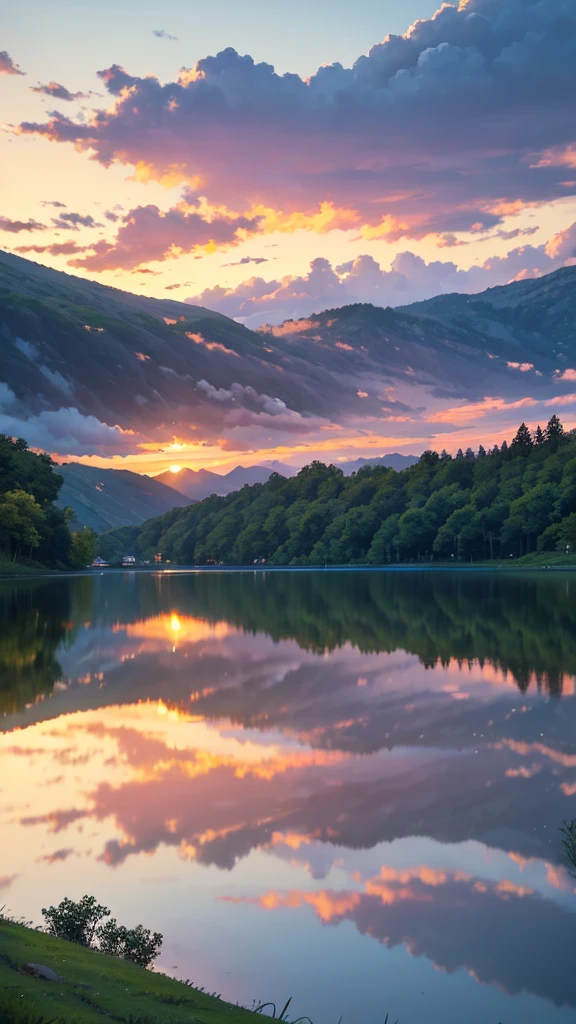A beautiful blue sky, dramatic sunset, glowing clouds, detailed landscape, rolling hills, lush greenery, serene lake, reflection, dramatic lighting, painterly style, vibrant colors, photorealistic, 8k, high quality, masterpiece