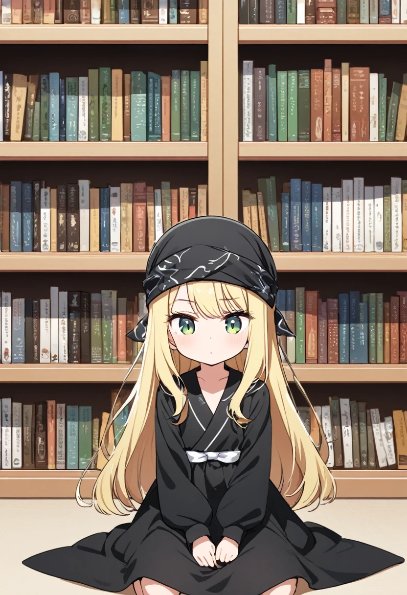 blonde，Long hair，wearing a bandana on her head，Green eyes，Wearing black traditional dress，flat chest，little girl，Background library，Kneeling，Reading，Poker face，cute，Thinking about problems