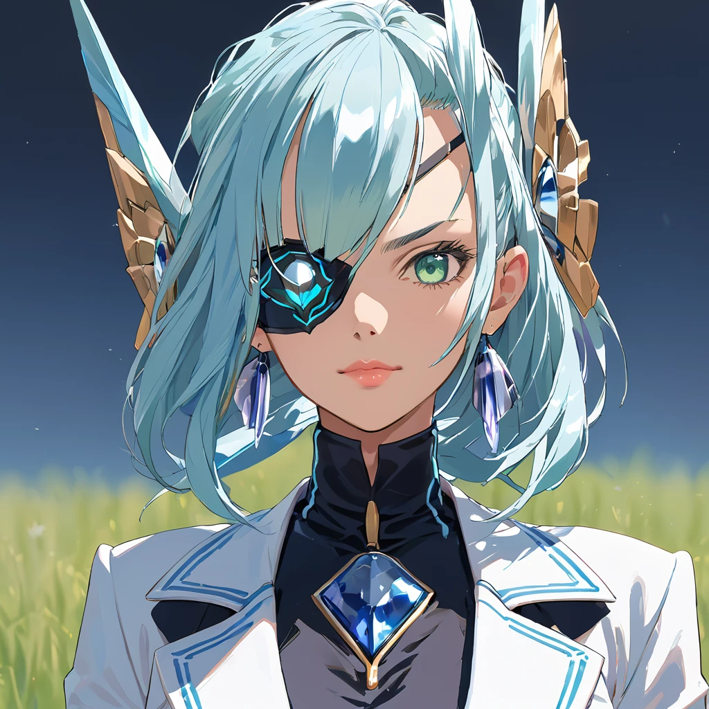 Mikumari \(Xenoblade\)masterpiece, Highest quality, ((1 person)),Blue Hair,Green Eyes,Serious expression, smile,Upper Body,Line art,Medium Hair,White blazer,Black T-shirt,Big Breasts,Bunhead,Black Mask, Expressionless blue eyes,((Kubo Obito Style)) Detailed face, Face Focus, Are standing, Black Hair,(hair ornaments:1.35),office lady, Sleeves edged with ribbon, Removable sleeves, Ribbon trim, Wide sleeves, (View your audience:1.5) Long Hair, iris, bangs, lips,smile,grassland