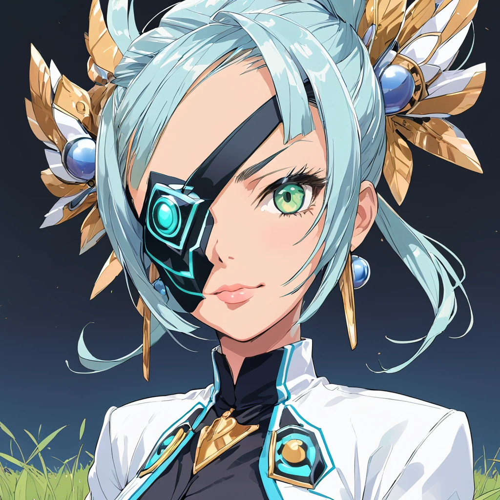 Mikumari \(Xenoblade\)masterpiece, Highest quality, ((1 person)),Blue Hair,Green Eyes,Serious expression, smile,Upper Body,Line art,Medium Hair,White blazer,Black T-shirt,Big Breasts,Bunhead,Black Mask, Expressionless blue eyes,((Kubo Obito Style)) Detailed face, Face Focus, Are standing, Black Hair,(hair ornaments:1.35),office lady, Sleeves edged with ribbon, Removable sleeves, Ribbon trim, Wide sleeves, (View your audience:1.5) Long Hair, iris, bangs, lips,smile,grassland