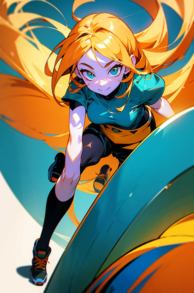 18 year old beautiful girl, short cyan hair, big cyan eyes, small breasts, and slender, 8K, top quality, (very detailed head: 1.0), (very detailed face: 1.0), (very detailed hair: 1.0), orange t shirt, black shorts, cyan air jordan shoes, orange socks, very detailed official artwork, anime moe art style, clean detailed anime art, smile, golden hair, smooth long hair with white big background