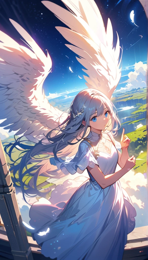 (best quality:1.2),(hands finger 5 digits:1.3),(extremely delicate and beautiful:1.3),(detailed ultra detailed:1.2),(scenery clear details:1.2),(scenery crystal clear :1.2),(solo),(blue eyes),(long white long hair),(white dress),(angel wings),(floating white feathers,starry sky),(clusters of stars,starry sky),(glinting stars),(solo),(long silver long hair),(best quality:1.2),(hands finger 5 digits:1.3),(extremely delicate and beautiful:1.3),(detailed ultra detailed:1.2),(scenery clear details:1.2),