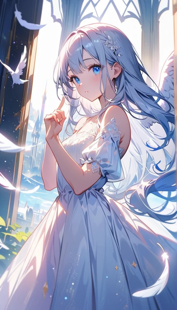 (best quality:1.2),(hands finger 5 digits:1.3),(extremely delicate and beautiful:1.3),(detailed ultra detailed:1.2),(scenery clear details:1.2),(scenery crystal clear :1.2),(solo),(blue eyes),(long white long hair),(white dress),(angel wings),(floating white feathers,starry sky),(clusters of stars,starry sky),(glinting stars),(solo),(long silver long hair),(best quality:1.2),(hands finger 5 digits:1.3),(extremely delicate and beautiful:1.3),(detailed ultra detailed:1.2),(scenery clear details:1.2),