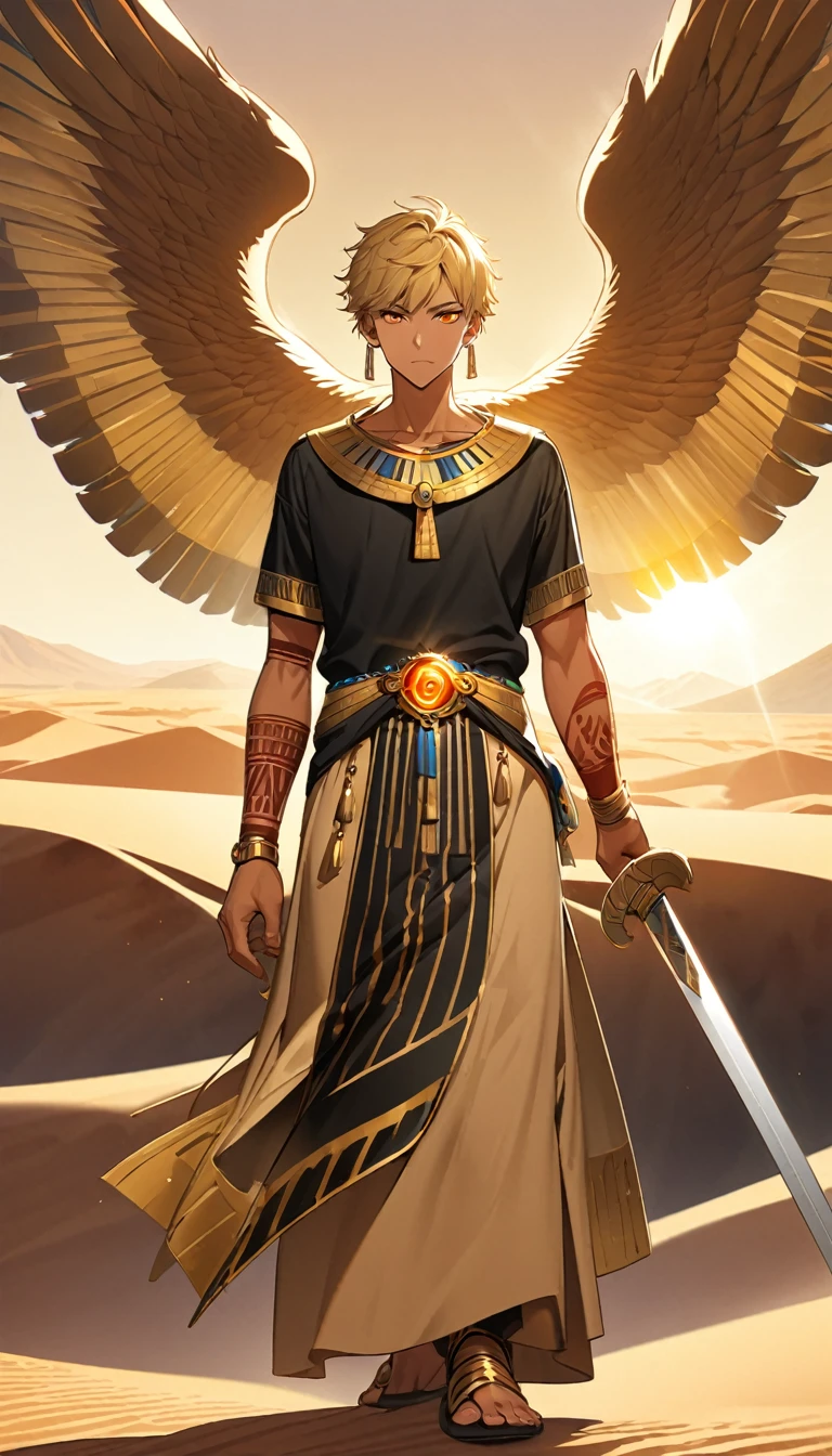 Desert Background,Handsome young man, blond, Orange Eyes, short hair, Black Hoodie,high quality, Draw Amount, pixiv illustrations,Tanned skin,Red tattoo on the arm,(Egyptian style,Egyptian Dress Up),sword,earrings,Sunlight,((Vision)),huge eagle,full-body shot