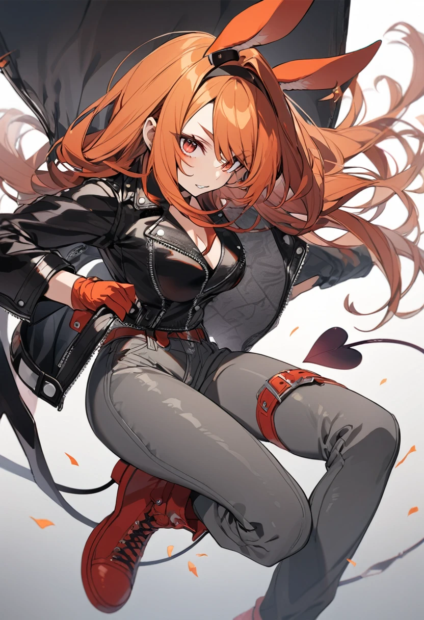  orange hair girl,Red eyes,rabbit ears, demon tail, leather jacket, Gray pants, Red boots