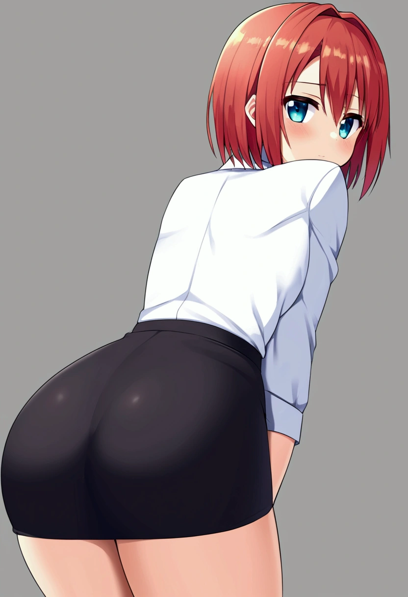 1 girl,curvy,(from below),short hair,bob cut,dark red hair,ligut blue eye,large breasts,beautiful ass,black hoodie,((nsfw no panties)),(embarrassed),ass focus,simple background