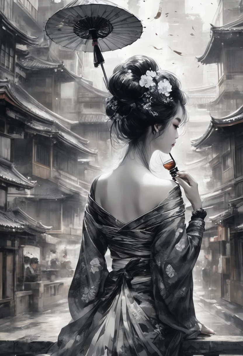 8k,Ink painting,Black and white painting,Beautiful detailed glass hair,splash,from behind,whole body,Oiran,luxurious makeup,(Gorgeous costumes),(Oiranの５Book hair ornament),Large umbrella,(Smoking a pipe with the right hand,Hold a fan in your left hand),Osaka Castle seen in the distance,Dynamic movement and powerful brushstrokes、Drawing strokes drawn with rot ring 0,