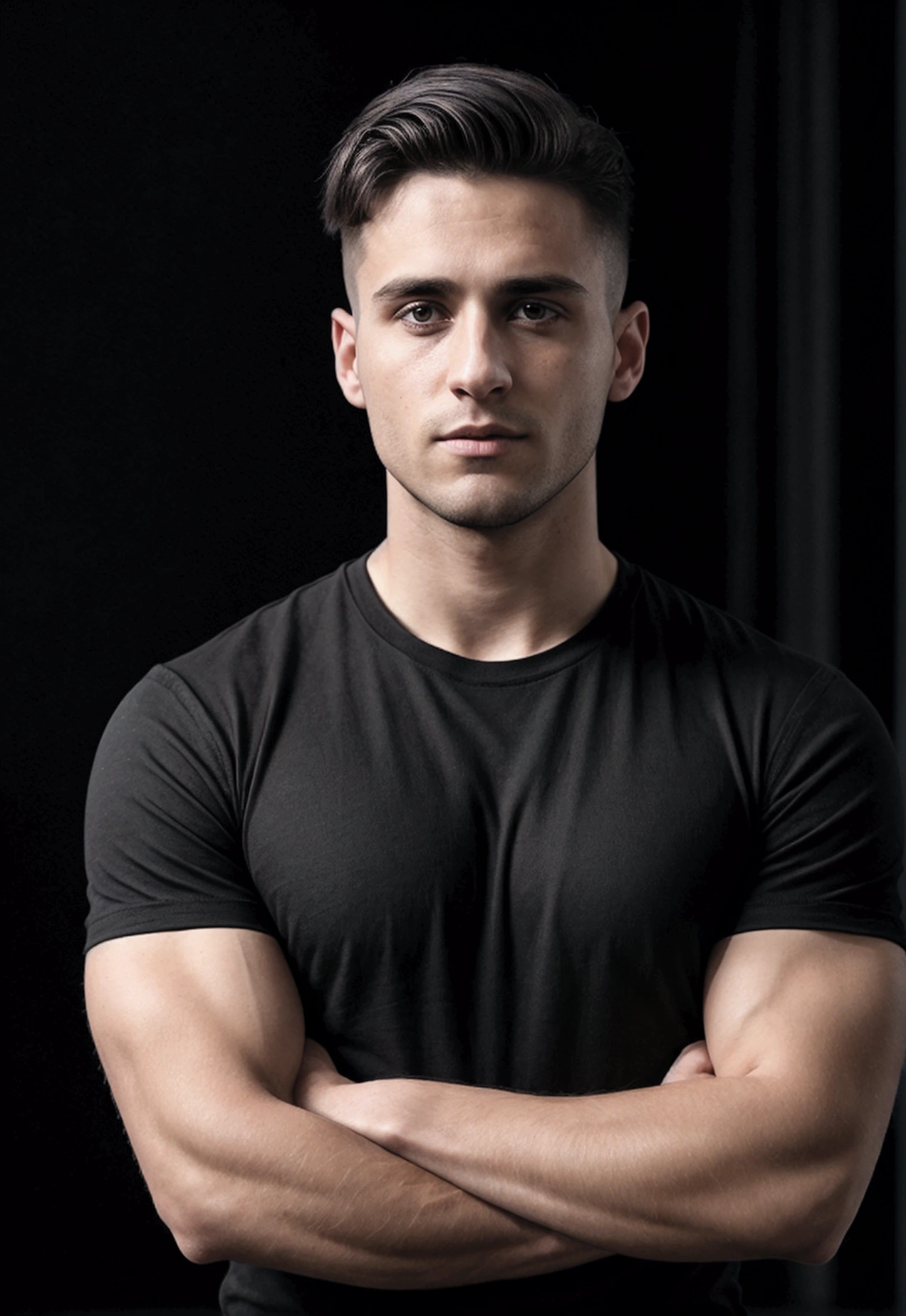 A 28 year old man, wearing a black t-shirt tight to the body, super realistico, cinematic effect, short hair in military haircut style, background with dark environment, good lighting as if it were a scene from a movie, 8k, ultra realisitic, sharp.