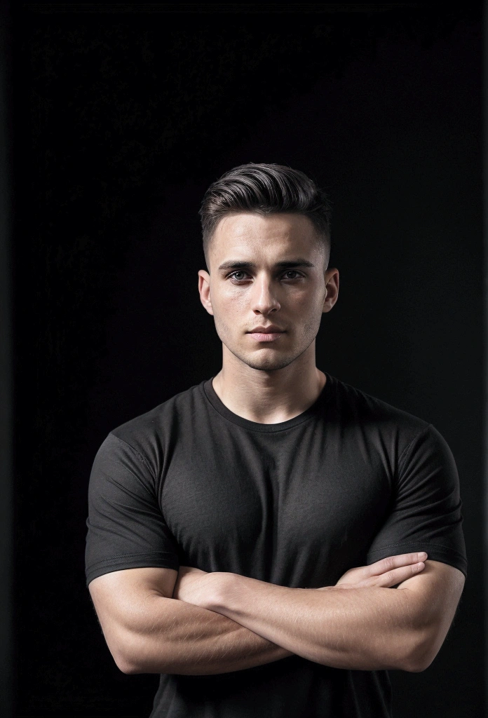 A 28 year old man, wearing a black t-shirt tight to the body, super realistico, cinematic effect, short hair in military haircut style, background with dark environment, good lighting as if it were a scene from a movie, 8k, ultra realisitic, sharp.